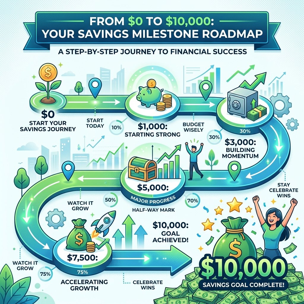 Savings milestone roadmap showing checkpoints from $0 to $10,000